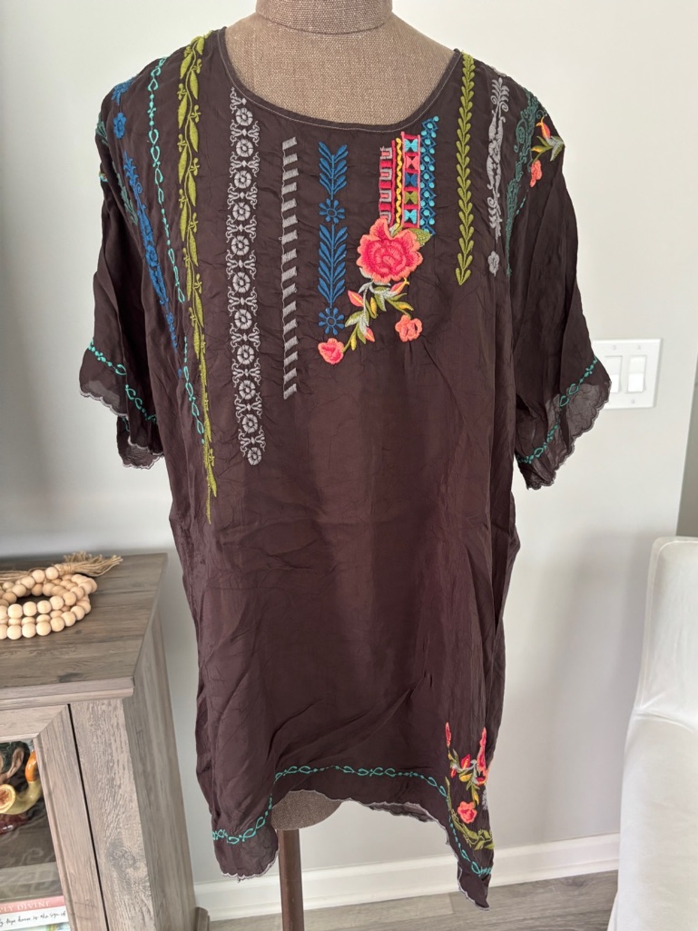 Johnny Was Brown Embroidered Floral Tunic with Multicolor Accents